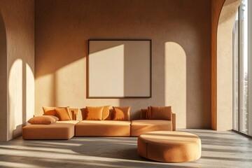 Mockup of Empty Blank Poster Frame on Wall in Living Room with Parquet Floor, Sofa, and TV