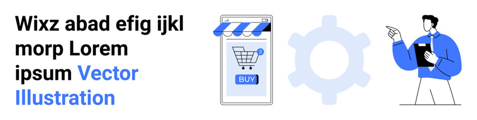 Mobile shopping icon with a cart and BUY button next to a person holding a clipboard. Ideal for e-commerce, online shopping, mobile apps, technology, and digital marketing. Banner for landing page