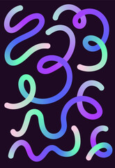 Neon Color Gradient squiggle lines. Scribble stripe with wavy elements. Abstract organic dynamic colorful Shapes on dark background.