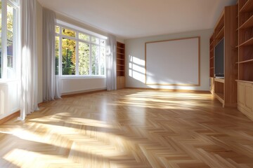 Obraz premium Mockup of Empty Blank Poster Frame on Wall in Living Room with Wooden Parquet Floor, Sofa, and TV Stand