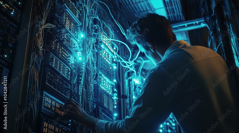 Aufkleber technician troubleshooting network issues in server room