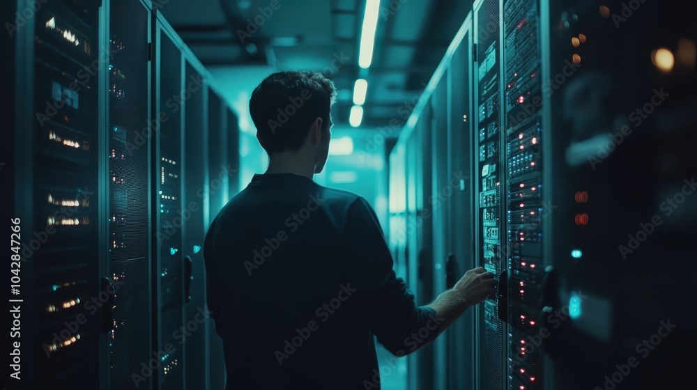 Poster it specialist troubleshooting network issues in server room