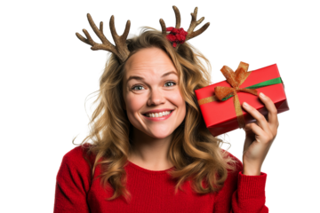 Excited Woman Holding Christmas Gift Wearing Reindeer Antlers on transparent  Background