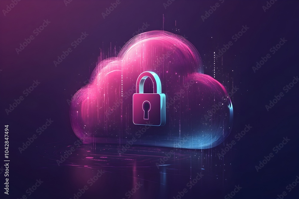 Poster secure cloud computing services represented by abstract padlock icon and stylized neon cloud