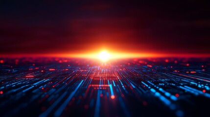 Futuristic digital landscape with glowing horizon