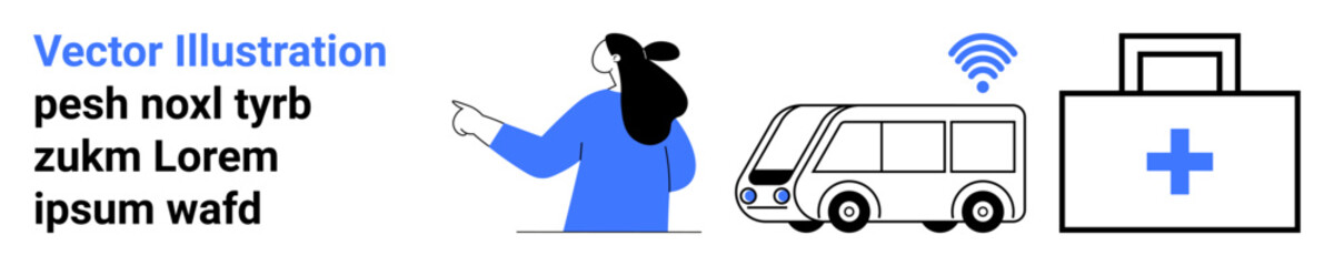 Woman pointing to modern bus with wireless symbol, and medical kit with cross. Ideal for transportation, connectivity, healthcare, urban mobility, modern lifestyle. Banner for landing page