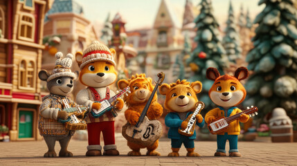Fototapeta premium Cute anthropomorphic animals in woodland band playing music together