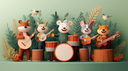 Fototapeta premium Cute anthropomorphic animals in woodland band playing music together