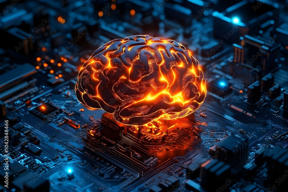 Aufkleber glowing brain symbolizing fusion of human and intelligence in big data concept