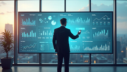 Businessman analyzing a KPI dashboard on a large screen, surrounded by financial graphs and charts displaying earnings, operations, and sales data in a modern office