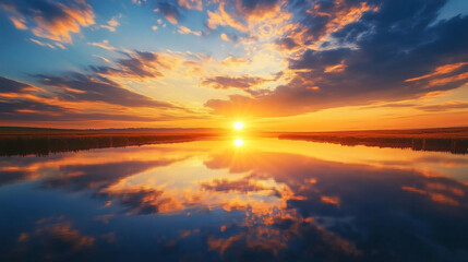 Fototapeta premium A breathtaking sunset reflecting off a calm pond surrounded by fields, creating a mirror image of the sky.