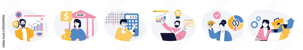 Poster business and finance concept set with characters in flat design for web. people calculating financia