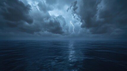 Obraz premium A calm ocean beneath dark storm clouds, with distant lightning bolts illuminating the sky, creating a dramatic and powerful visual