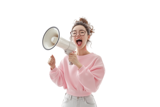 Excited young woman with curly hair shouting into a microphone and expressing interest in the news on transparent  Background
