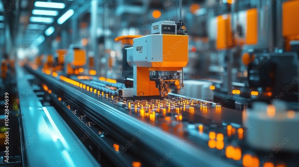 Poster automated machinery on a production line with glowing components.
