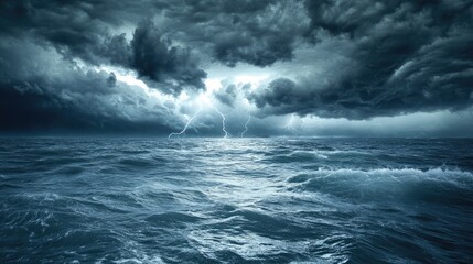 Naklejka premium A dramatic stormy sky over a calm ocean, with lightning bolts striking in the distance, creating a powerful and awe-inspiring scene