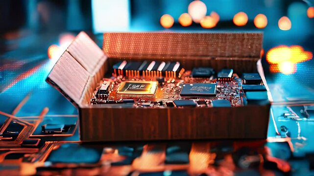 A computer processor chip sits inside a cardboard box on a circuit board.