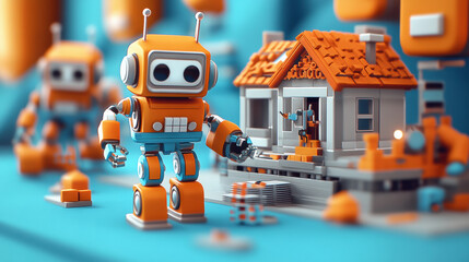 Fototapeta premium Building robots create house in vibrant futuristic world