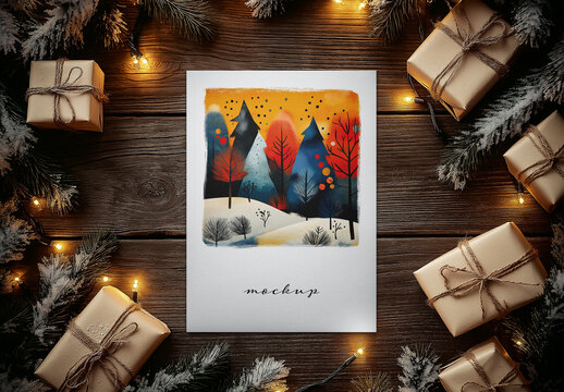 Holiday Greeting Card Mockup with Gift Boxes and Christmas Lights &ndash; Realistic Winter Scene Template for Festive Branding, Seasonal Print Design, or Invitation Presentation