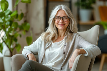 Obraz premium A woman with blonde hair and glasses, wearing a white shirt and a gray cardigan, sitting in a chair with her legs crossed