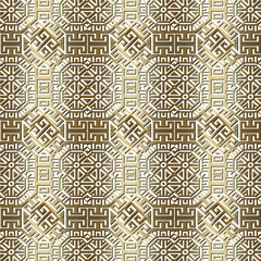 Gold luxury arabesque greek style modern 3d seamless pattern. Ornamental gold and white grid background. Repeat vector backdrop. Beautiful vintage ornaments with greek meander. Endless ornate texture.