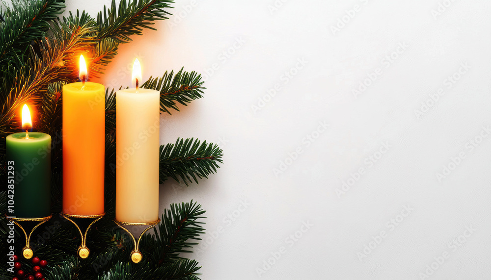 Poster description**: three candles in festive colors adorned with evergreen branches, creating a warm, inv