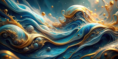 Ethereal fluid art with golden swirls in blue luxury abstract