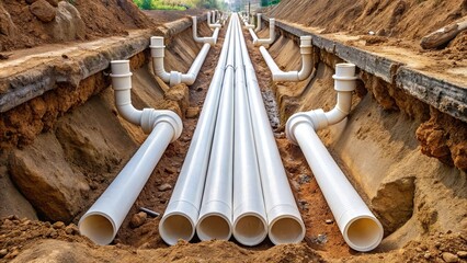 Obraz premium Excavation trench intersecting PVC pipes