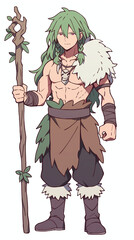 Obraz premium Fantasy Character Illustration: Powerful Tribal Warrior with Green Hair and Staff