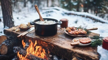 Winter outdoor cooking with a pot on a fire, surrounded by snow and rustic food.