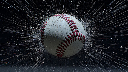 Baseball bursting through a splash of water droplets