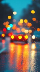 Captivating Nighttime Traffic Blur with Vibrant Bokeh Lights on Wet City Street