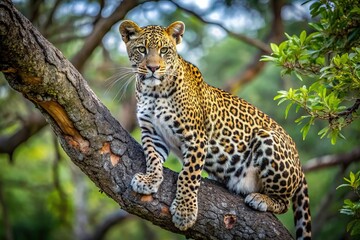 Leopard resting on tree branch in a forest seen from above