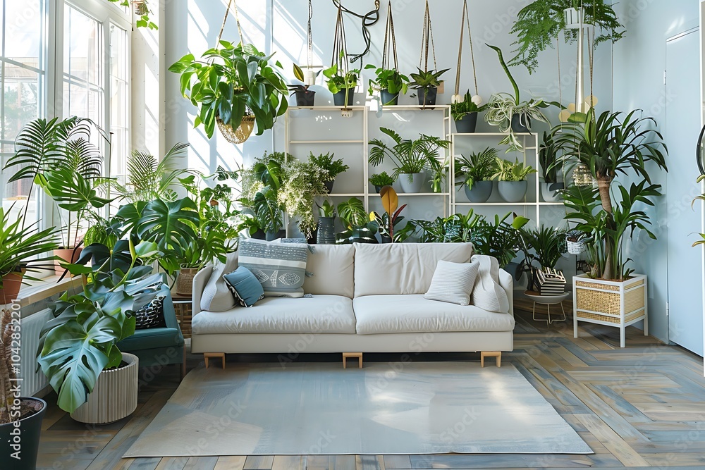 Wall mural beautiful living room interior with parquet, cozy sofa and house plants on urban jungle background