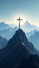 Mountain cross silhouette at sunrise with a breathtaking landscape background and copy space
