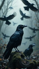 Fototapeta premium Mysterious ravens in a foggy forest with a dark atmosphere and dramatic composition with copy space