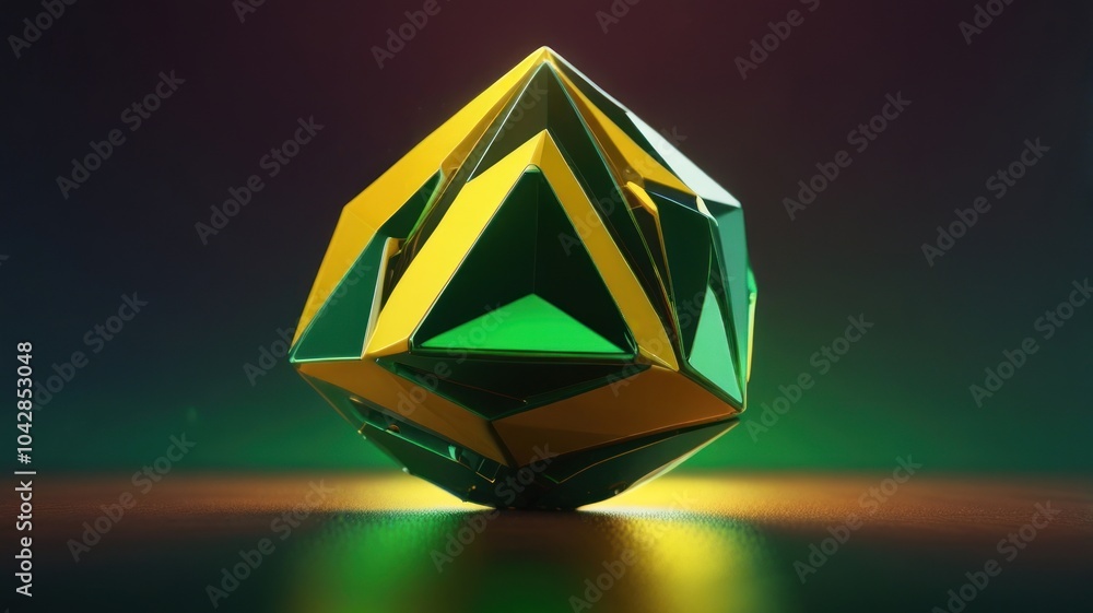 Poster abstract geometric shape with green and yellow accents, rendered on a dark background with a slight 