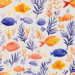 Naklejka premium Vibrant Watercolor Fish and Coral Reef Pattern in Soft Orange Blue and Yellow Shades on Pale