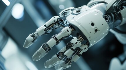 An extreme close-up of the bio-inspired design and biomimetic actuators of a humanoid biomimetic robot in a bioengineering lab, Robotics style, photo of