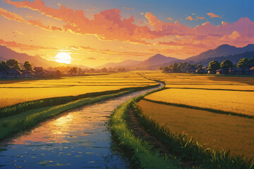 Fototapeta premium the path between the river and the yellow rice fields when the golden sky is misty in the morning, the sun rises. In anime style