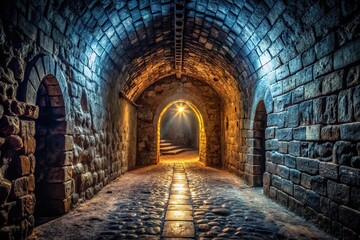 Fototapeta premium Extreme close-up of dark dungeon tunnel in medieval castle underground corridor