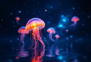 Glowing vivid transparent underwater jellyfishes. Vector illustration
