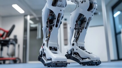 An extreme close-up of the bio-inspired proprioception sensors and adaptive walking algorithms of a humanoid walking assistive robot in a robotics biomechanics lab, Robotics style, photo of