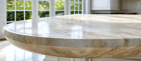 Fototapeta premium Empty Marble Stone Table Top with Blurred White Kitchen Interior Background for Product Display Montage