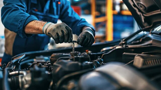 Auto repair shop with a mature mechanic working on an engine.