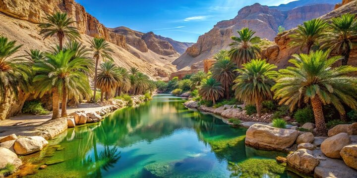 Extreme close-up of Oasis of Nefta Chebika between canyons and green palm trees