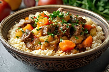 Beef stew with vegetables served over couscous in a brown bowl