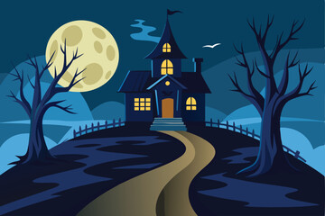 Flat Vector Illustration of a Haunted House with Path and Full Moon Spooky Halloween Design.