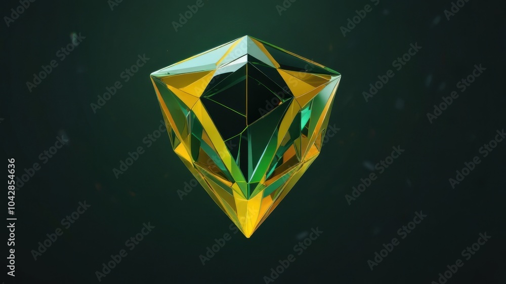 Poster A 3D rendering of a glowing green and gold geometric shape with a dark background and particles of light.