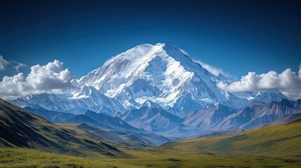 Obraz premium Majestic mountain landscape with snow-capped peaks and blue sky.